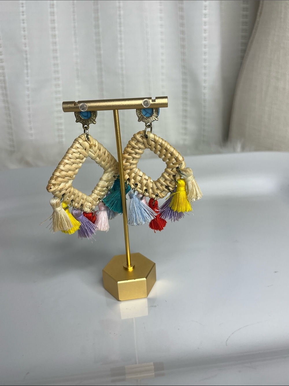 Boho Woven Diamond Tassel Earrings with Turquoise Button - Picture 3 of 6